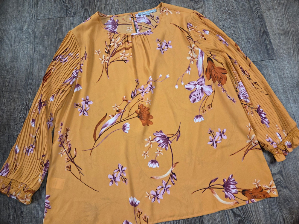 Daniel Rainn Sheer Blouse Floral Long Sleeve Top Shirt yellow Large